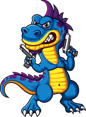 Scary dinosaur character holding guns