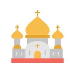 Golden church icon. Large building with golden domes and crosses. Sticker for social networks and messengers. Religion and faith, holy place. Culture and traditions. Cartoon flat vector illustration
