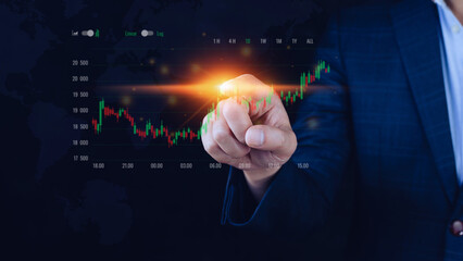 Businessman finger touch symbol stock graph and chart background, concept growth and development business investment, Stock market and strategy making market plan and stock market fluctuations