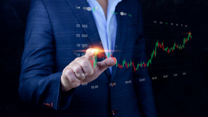 Businessman finger touch symbol stock graph and chart background, concept growth and development business investment, Stock market and strategy making market plan and stock market fluctuations