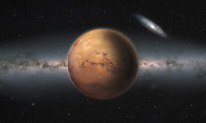 Planet Mars with stars in deep space Andromeda and Milky way galaxy in the background 