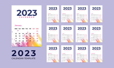 Monthly wall calendar template for 2023 year. Week starts from Sunday. Corporate and business calendar., 12 months templates. 2023 minimal wall calendar planner design for printing template.
