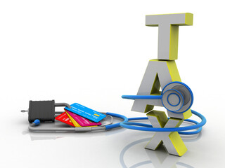 3d rendering  credit or debit card protection lock with stethoscope connected tax
