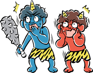 驚く赤鬼と青鬼のイラスト