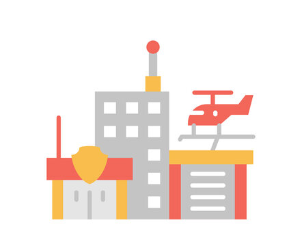 Building with hellicopter icon. Graphic element for website, poster or banner. Template, layout and mock up. Luxurious residence and skyscraper. Modern architecture. Cartoon flat vector illustration