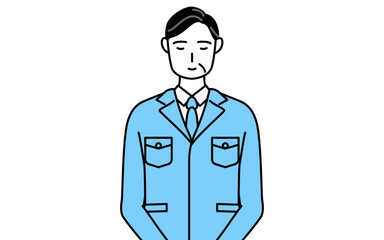 軽く会釈（お辞儀）をする作業着を着た男性（経営者、管理職、工場長）