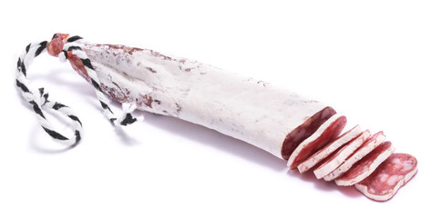 Spanish Fuet thin dried salami sausage isolated on a white background