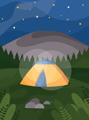 Night natural landscape. Tent in forest against background of rocks and mountains. Active lifestyle, hiking and camping. Hobby and leisure. Poster or banner. Cartoon flat vector illustration