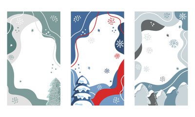 Winter nature backgrounds for sales flyer design with trees, spurces, pines, firs, snow, snowflakes and abstract shapes. Set of winter abstract social media story templates.