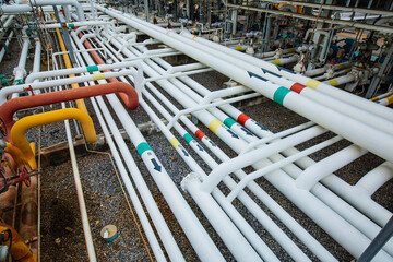 Steel long pipes and pipe elbow in station oil factory during refinery Petrochemistry industry