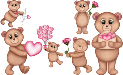 Watercolor Valentine’s day teddy bear composition.Set of watercolor teddy bears isolated on transparent background.Valentine’s day,birthday cards, invitations,etc.