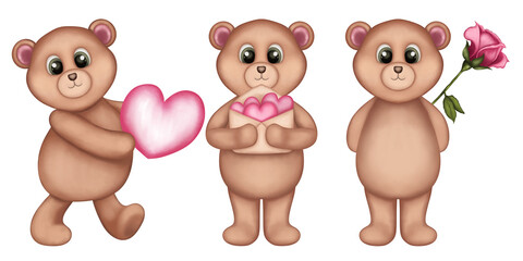 Watercolor Valentine’s day illustration with teddy bear. Set of watercolor teddy bears composition. Watercolor Valentine’s day illustration isolated on transparent background.