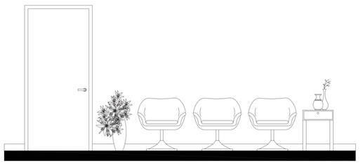 2D elevation graphics of the waiting room. A few waiting chairs are provided along with simple furniture near the door. Black and white drawing using CAD.
