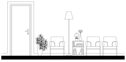 2D elevation graphics of the waiting room. A few waiting chairs are provided along with simple furniture near the door. Black and white drawing using CAD.
