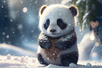 Cute panda baby fantasy cartoon in winter snow, Generative AI