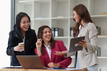Business People Meeting to discuss and brainstorming the financial report paperwork in home office. Financial advisor teamwork and accounting concept