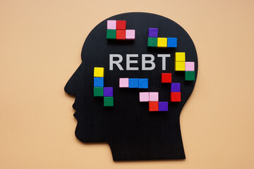 Head with colorful cubes and sign Rational Emotive Behavior Therapy REBT.