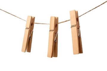 3 wooden clothespins on a rope, png file - obrazy, fototapety, plakaty