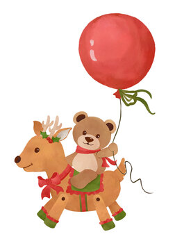 Cute bear riding a toy reindeer