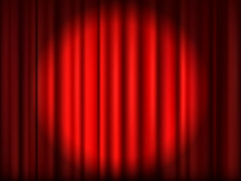 Theatre curtains, red cinema velvet drapery textile with light spot. Closed drape, theater movie stage, art performance, theatrical presentation. Realistic isolated object vector background