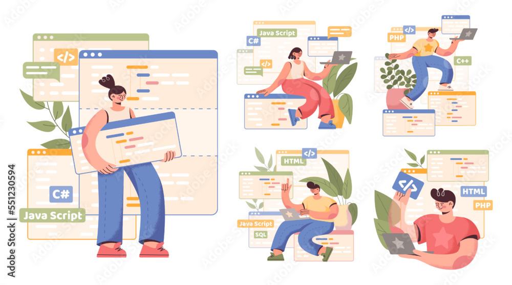 Leinwandbilder Code engineer works in program software. Web technology language. Backend java coder. Laptops and plants. Computer programming concepts. Developers windows. Vector cartoon illustration