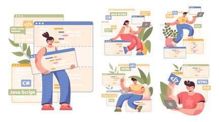 Code engineer works in program software. Web technology language. Backend java coder. Laptops and plants. Computer programming concepts. Developers windows. Vector cartoon illustration