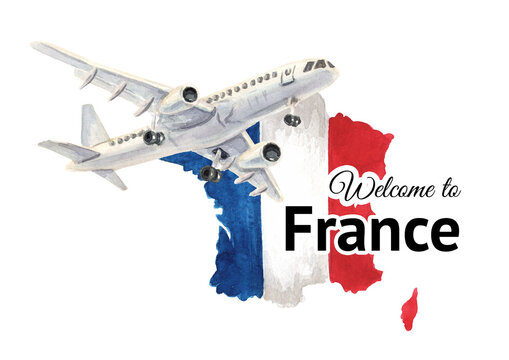 Welcome to France card. Flag, symbol. Hand drawn watercolor illustration isolated on white background
