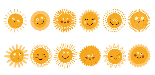 Cute sun, sunshine kid face. Happy doodle smile, shine sunny child collection, funny spring or summer day symbol. Childish stickers set. Cartoon character isolated. Vector icons
