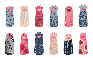 Cat paw, cute dog claws, kitten hand or leg. Animal pet, hand drawn kitty heart silhouette. Happy meow symbol, tiger and leopard funny footprints. Vector illustration isolated icons