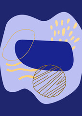 Geometric doodle shapes. Abstract background. Blue and yellow colors. Scribble style contemporary modern paint shapes, poster or banner, social media backdrop. Vector illustration