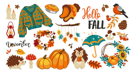 Doodle autumn. Cute hello fall stickers. Turkey and candle. Acorn and leaves. October rain. Pumpkin pie. Warm clothing. Cute hedgehog. Isolated elements set. Vector cartoon collection