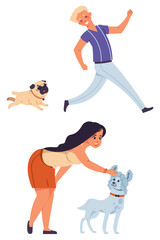 Dog owners. Happy people walking pets outdoor. Woman caring poodle. Man running with pug. Domestic animals. Canine companions set. Isolated people play with puppies. Vector illustration