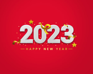 3d Render Happy new year 2023 illustration. Realistic silver number for 2023 new year celebration on red background