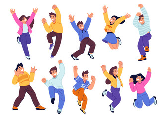 Happy people. Open store party. Excited young persons at office start ceremony. Cheerful characters set. Launch event. Jumping men and women. Joy expression. Vector flat illustration
