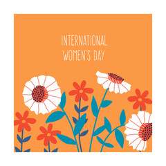 Floral banner. International woman day, square poster with blooming summer bouquet, cartoon drawing flowers, cute creative decoration. Bright colors design card. Vector floral illustration