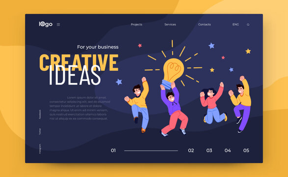 People team celebrate. Business landing. Creative idea. Excited men and women jumping with light bulb. Advertisement for money. Office work. Website template. Vector flat illustration