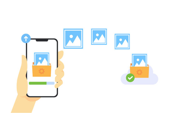 Flat design Illustration of Image file transfer from Wi-Fi Phone to cloud, cloud technology easy to transfer