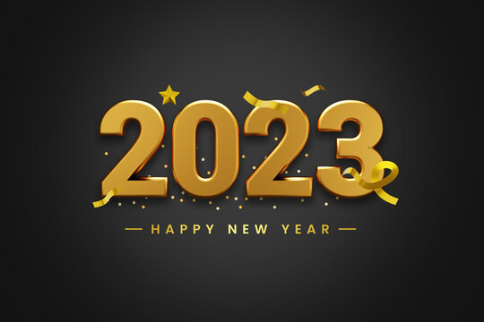 3d Render Happy new year 2023 illustration.Realistic gold number for 2023 new year celebration