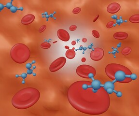 Ethanol molecules in the blood vessel with red blood cells are flowing 3d rendering