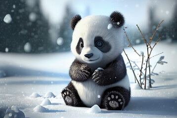 Cute Panda baby playing in snow winter, Generative Ai