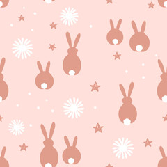 Christmas seamless patterns with snowflakes, stars and rabbit cartoons on pink backgrounds vector.