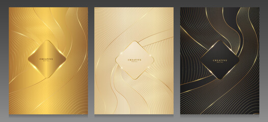 Luxury gold covers. Abstract geometric template with bright gold wavy lines and logo frame. Modern brochures and backgrounds in gold, delicate pink and black.