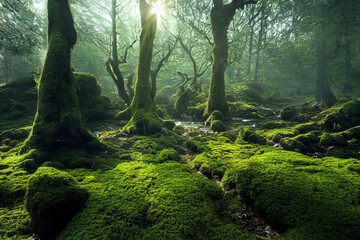  forest, moss-covered rocks, sunlight, reflecting water