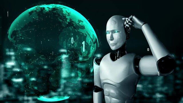 Futuristic robot artificial intelligence huminoid AI programming coding technology development and machine learning concept. Robotic bionic science research for future of human life. 3D rendering.