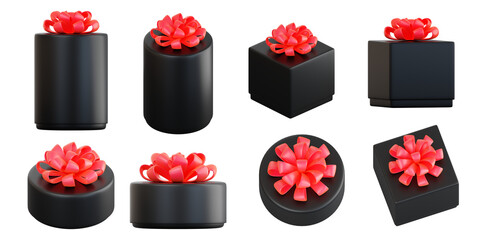 Realistic black gift box set with red ribbon bow. Concept of abstract holiday, birthday, Christmas or Black Friday present or surprise. 3d high quality isolated render