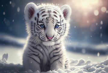 Fototapeta na wymiar Cute Tiger cub playing in snow winter, Generative ai