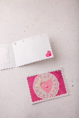 14 February Valentines day postcard with pink heart on white background