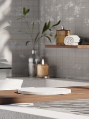 3d granite display podium with decorations on bathtub against ceramic tile wall. 3d rendering of realistic presentation for product advertising. 3d interior illustration.