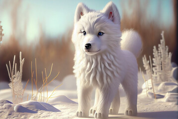 Cute wolf baby/puppy playing in winter snow portrait, Generative ai