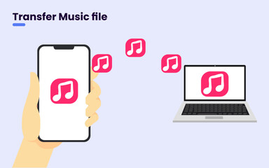 Music file transfer from smartphone to laptop via the internet modern technology concept. mp3 file transfer. vector illustration.